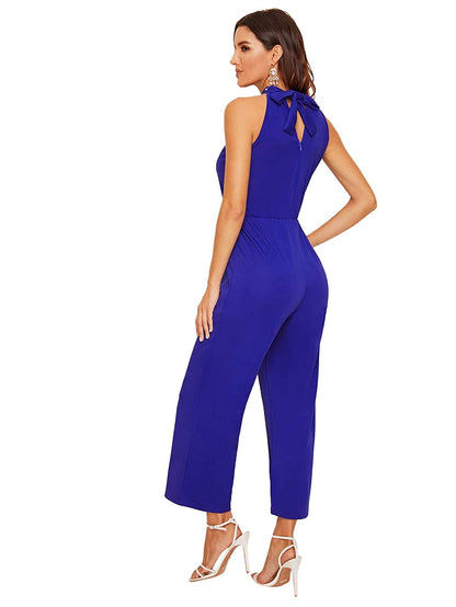 Blue Tie Back Wide Leg Halter Neck Jumpsuit