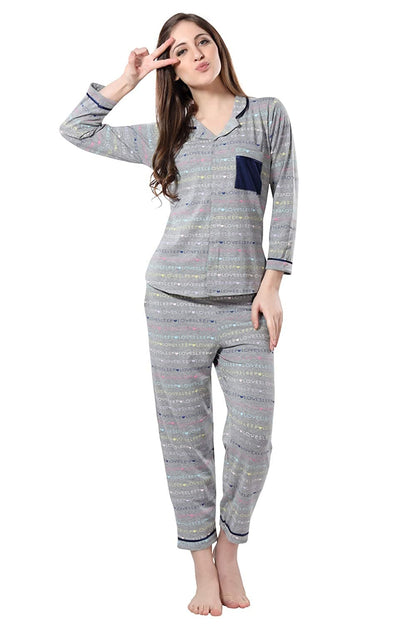 Printed Night Suit Notched Collar Shirt with Full Length Pajama.