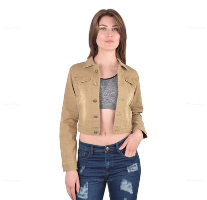 Full Sleeve Front Flap Pockets Slim Fit Cropped Denim Jacket