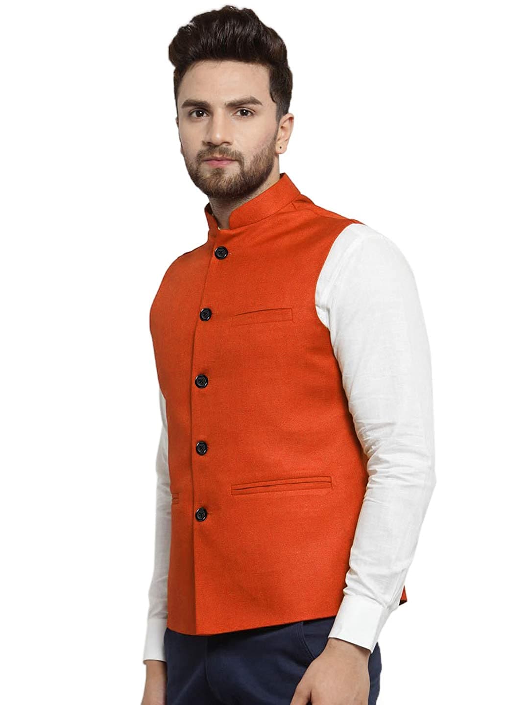 Orange Cotton-Blended Indian Traditional Nehru Jacket Ethnic Waistcoat