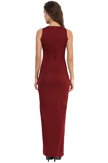 Maroon Round Neck Sleeveless Cut-Out Front Slit Slim Fit Maxi Dress