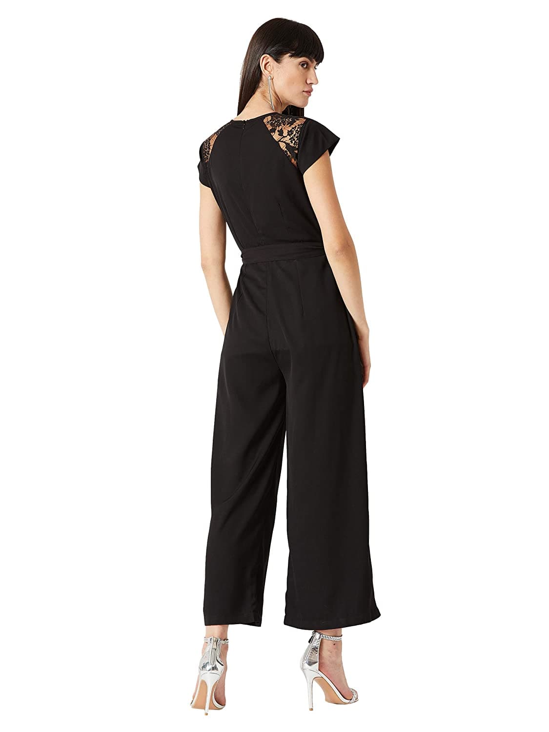 Black Round Neck Cap Sleeves Solid Straight Leg Belted Maxi Jumpsuit