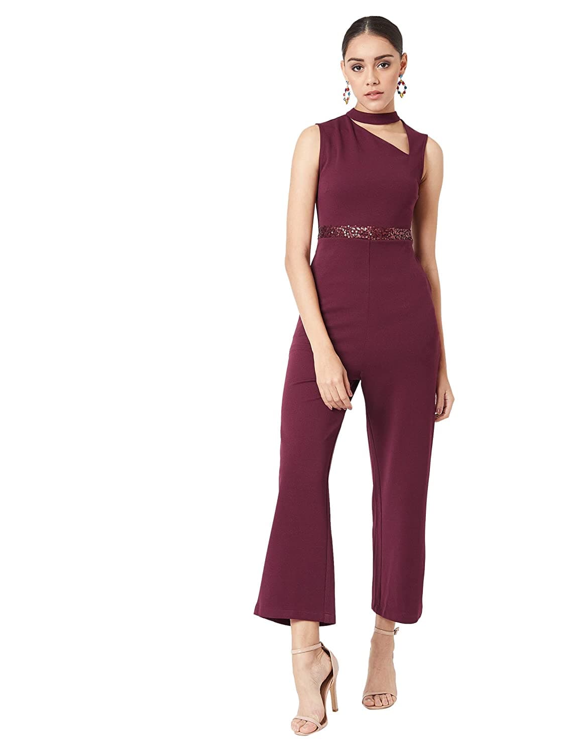 Sleeveless Solid Asymmetric Neck Cut-Out Sequin Jumpsuit