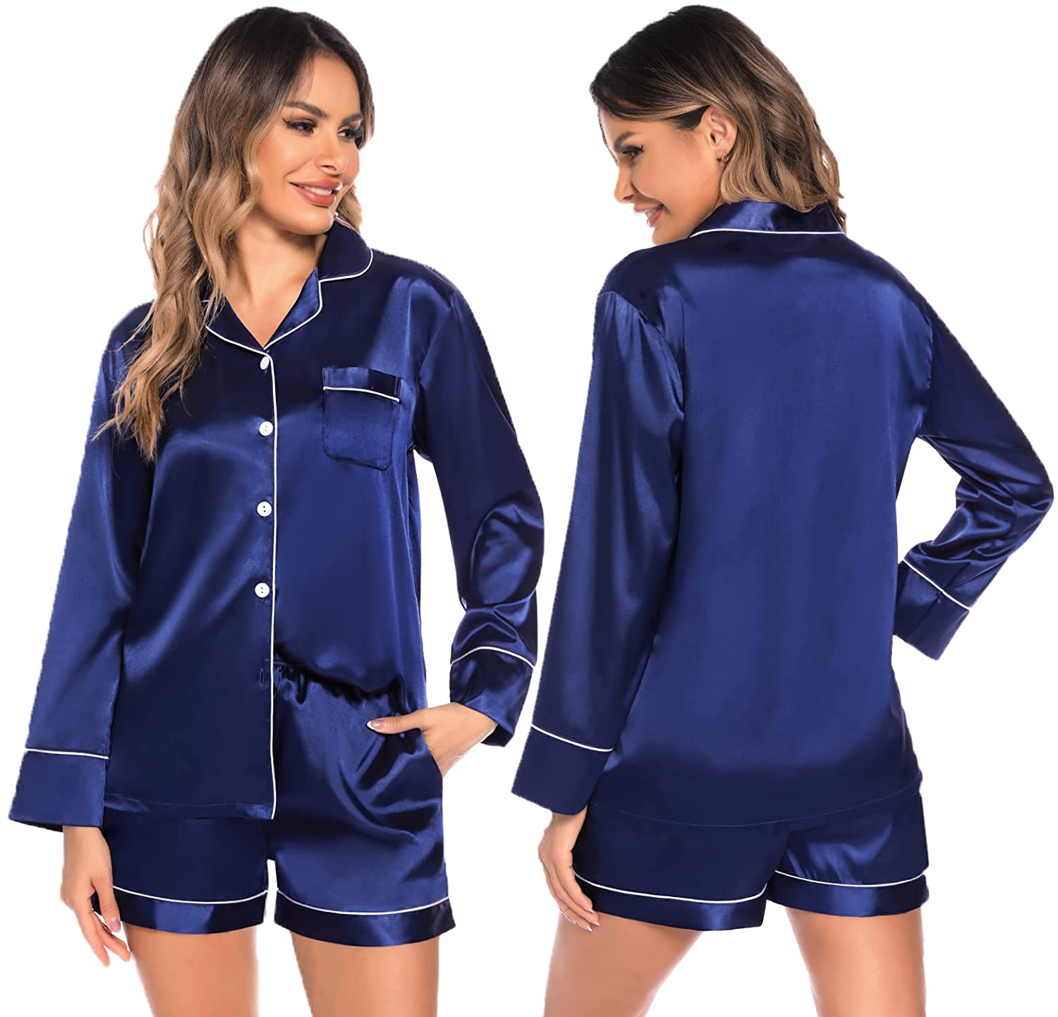 Long Sleeve Two-Piece Button-Down Silk Satin Pyjama Sleepwear Set –