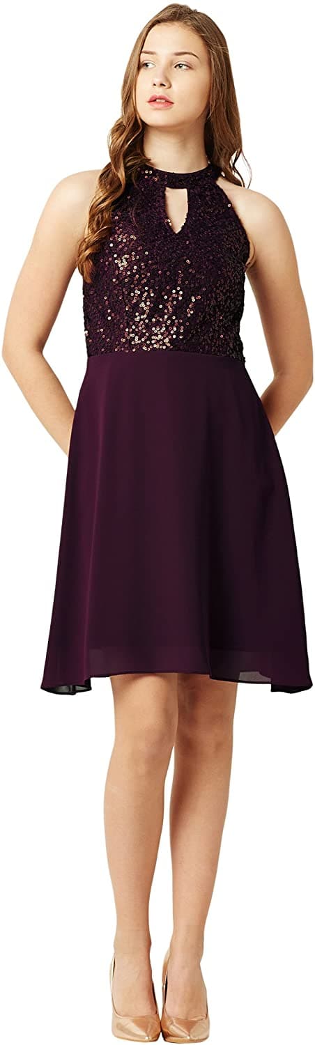 Round Neck Sleeveless Solid Sequin Flowy Knee-Long Georgette Skater Dress