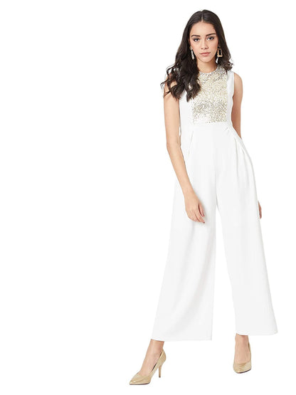 Off White Halter Neck Sleeveless Solid Pleated Regular Length Sequins Paneled Jumpsuit