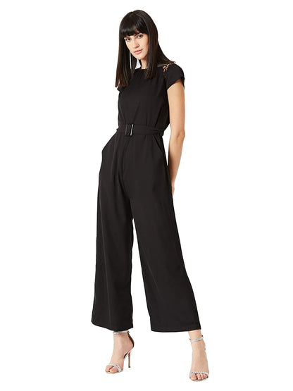 Black Round Neck Cap Sleeves Solid Straight Leg Belted Maxi Jumpsuit