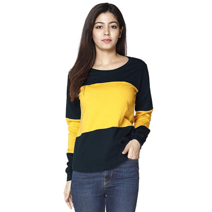 Cotton Blend Round Neck Horizontal Stripes Full Sleeves Tshirt Top