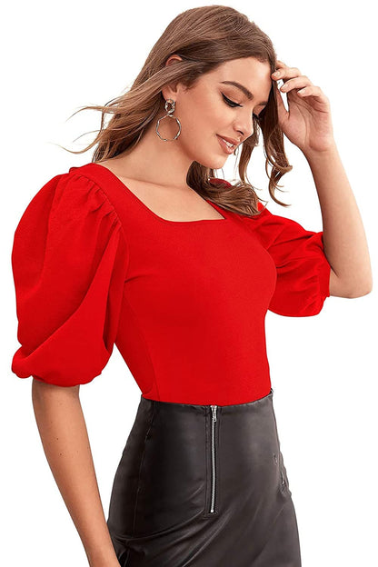 Puff Sleeve Square Neck Slim Fit Top