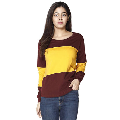 Cotton Blend Round Neck Horizontal Stripes Full Sleeves Tshirt Top