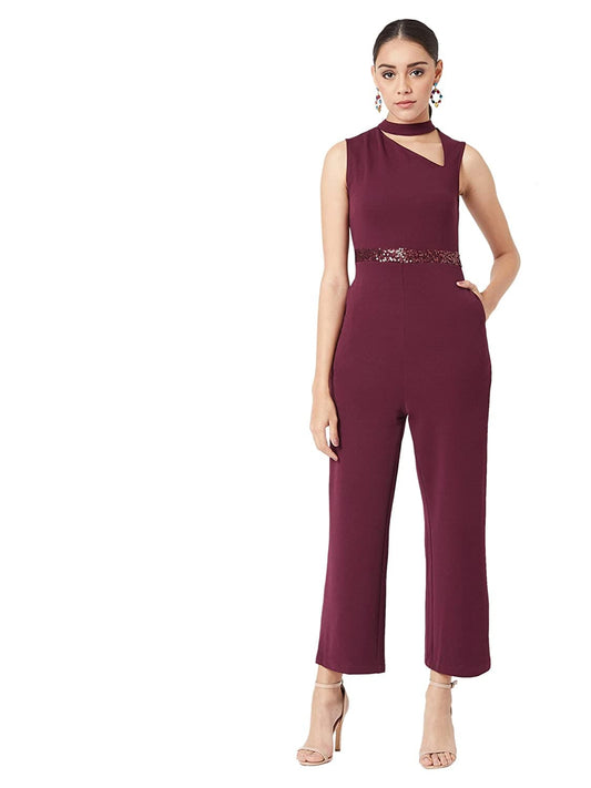 Sleeveless Solid Asymmetric Neck Cut-Out Sequin Jumpsuit