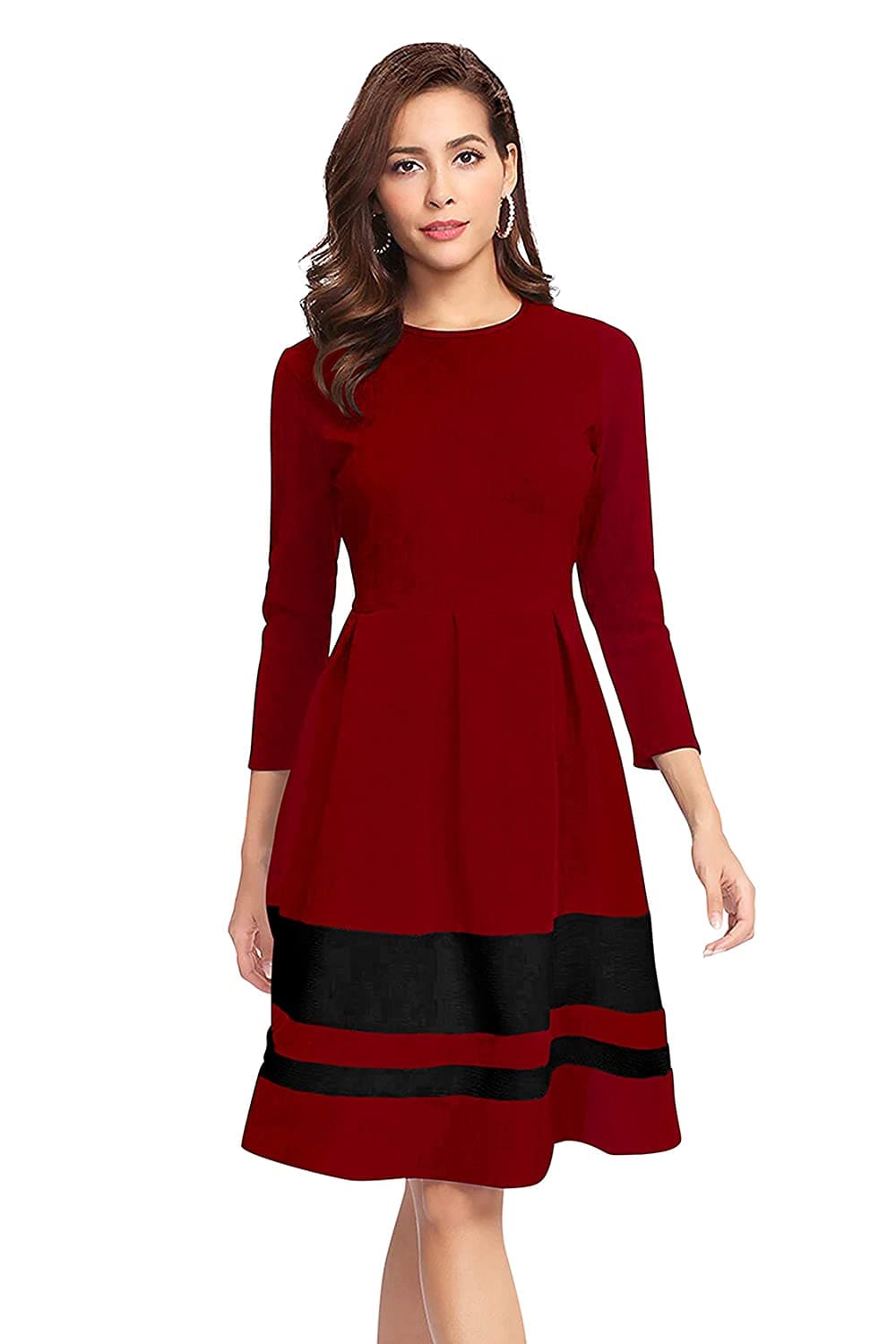 Round Neck Three Quarter Sleeve Knee Length Dress.