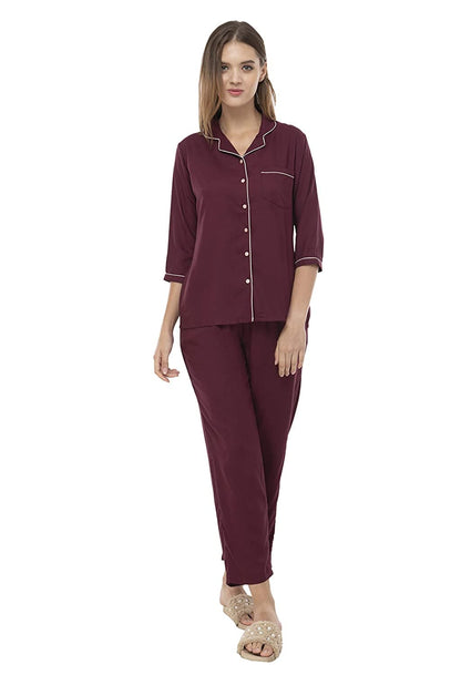 Three Fourth Sleeve Contrast Piping Comfortable Sleepwear Set