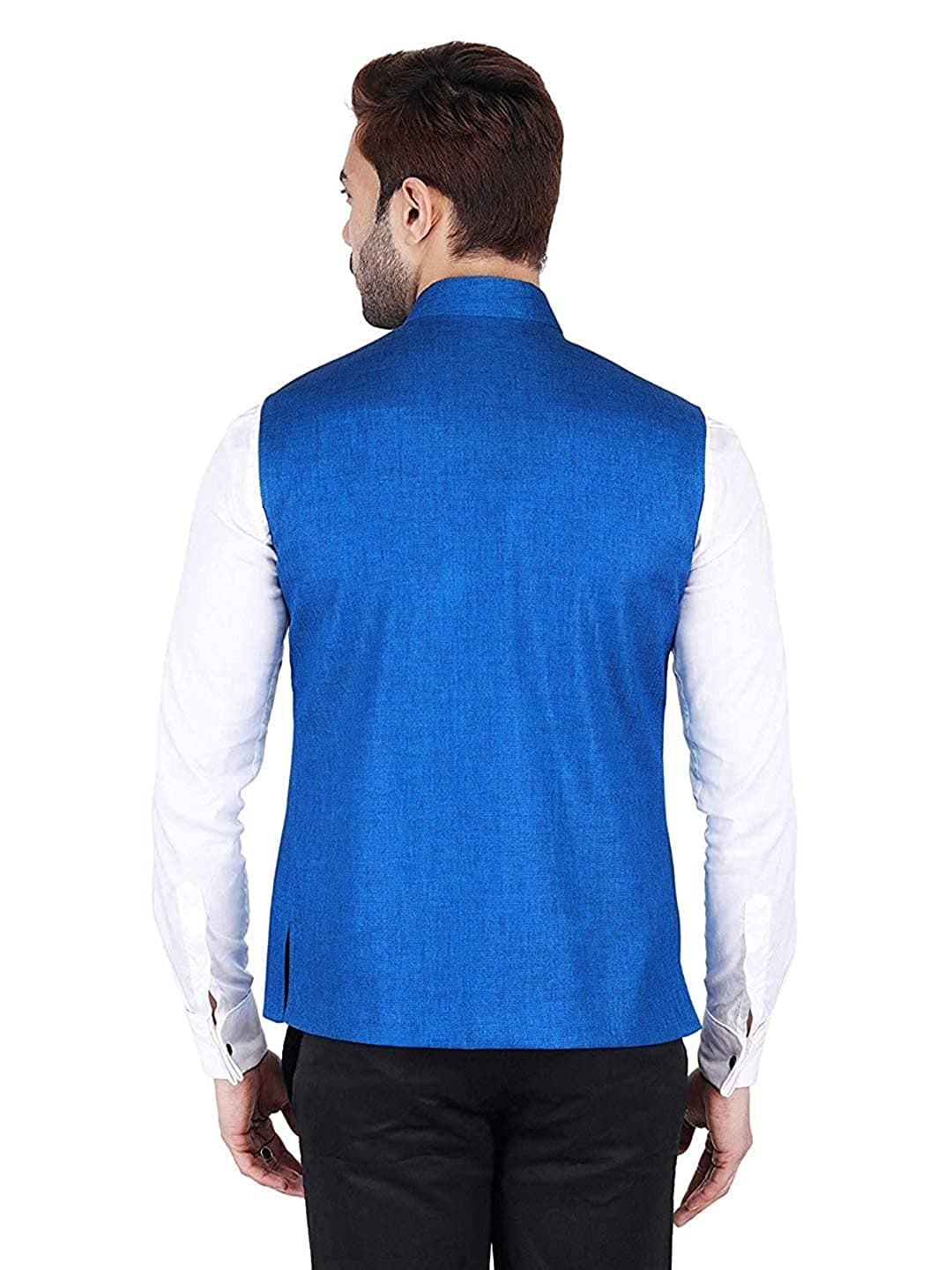 Blue Cotton-Blended Indian Traditional Nehru Jacket Ethnic Waistcoat