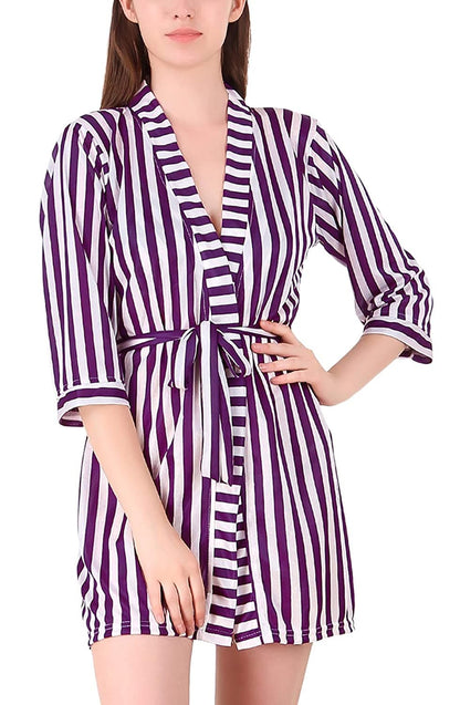 V-Neck Belted Slim Fit Stripe Satin Nightwear Robe Nightdress Sleepwear