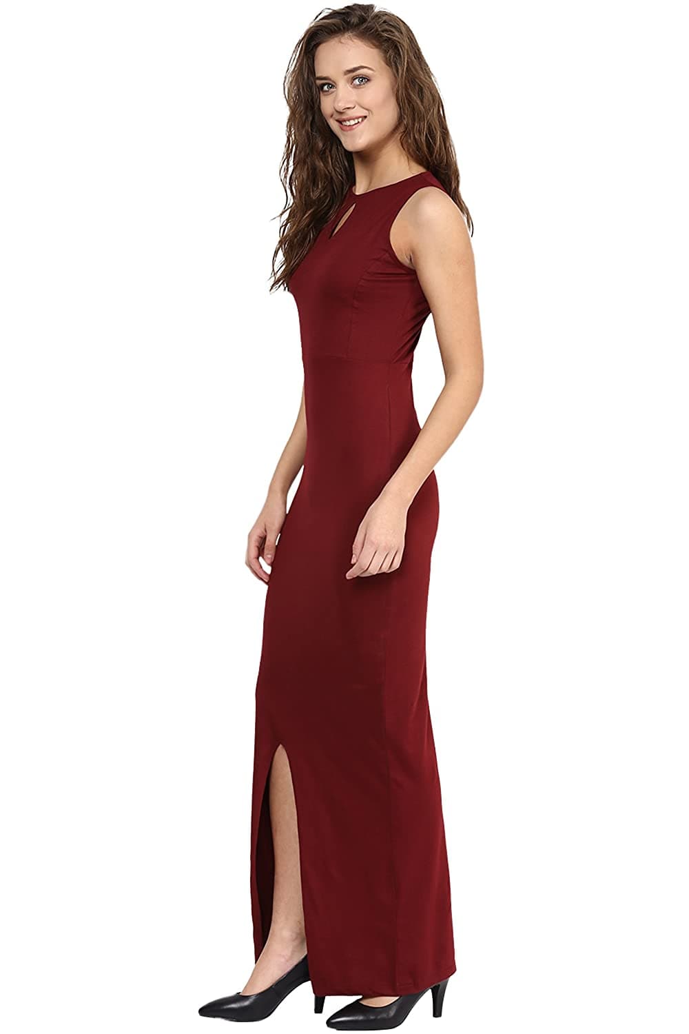 Maroon Round Neck Sleeveless Cut-Out Front Slit Slim Fit Maxi Dress