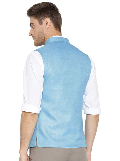 Sky Blue Cotton-Blended Indian Traditional Nehru Jacket Ethnic Waistcoat