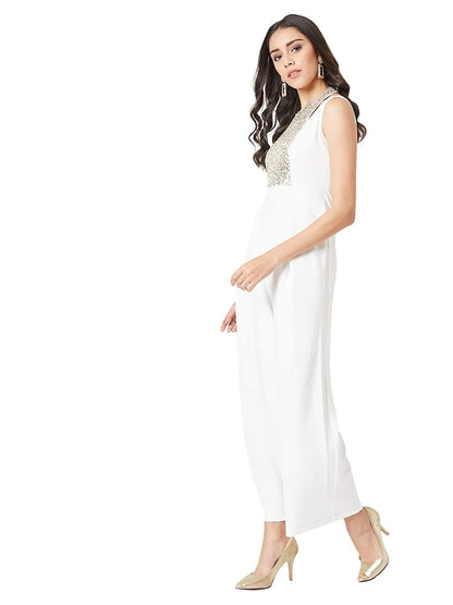 Off White Halter Neck Sleeveless Solid Pleated Regular Length Sequins Paneled Jumpsuit