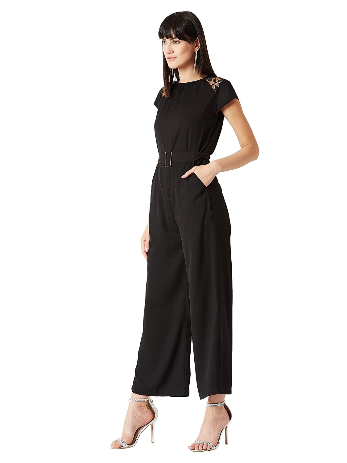 Black Round Neck Cap Sleeves Solid Straight Leg Belted Maxi Jumpsuit