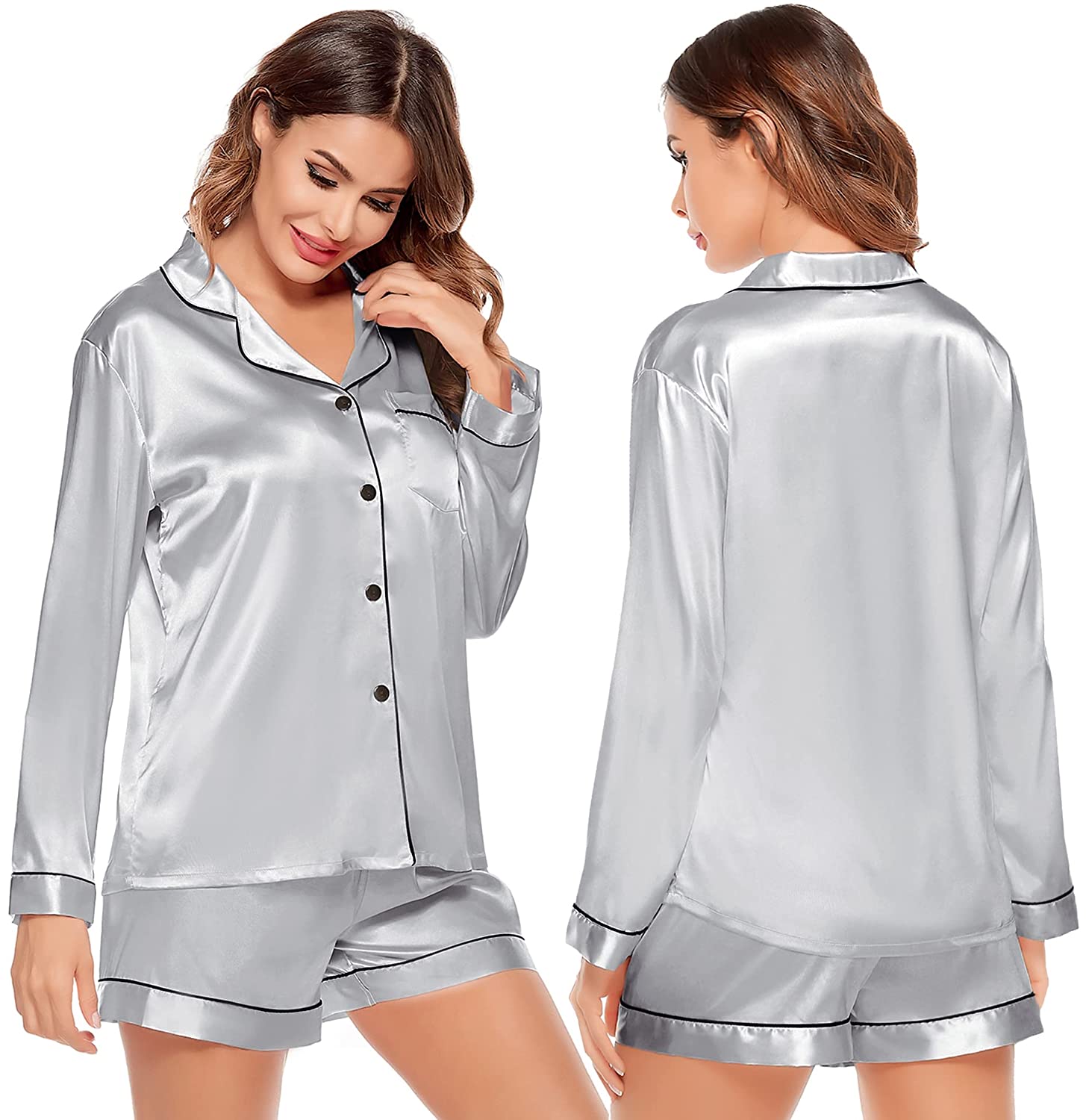 Ladies grey silk pyjamas hot sale