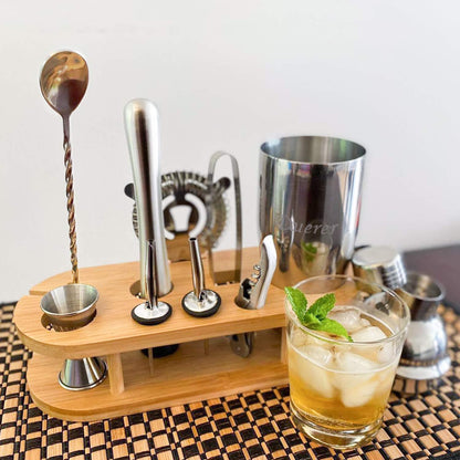 11-Piece Cocktail Shaker Set with Stylish Bamboo Bartender Kit with Stand