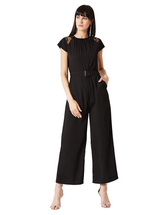 Black Round Neck Cap Sleeves Solid Straight Leg Belted Maxi Jumpsuit