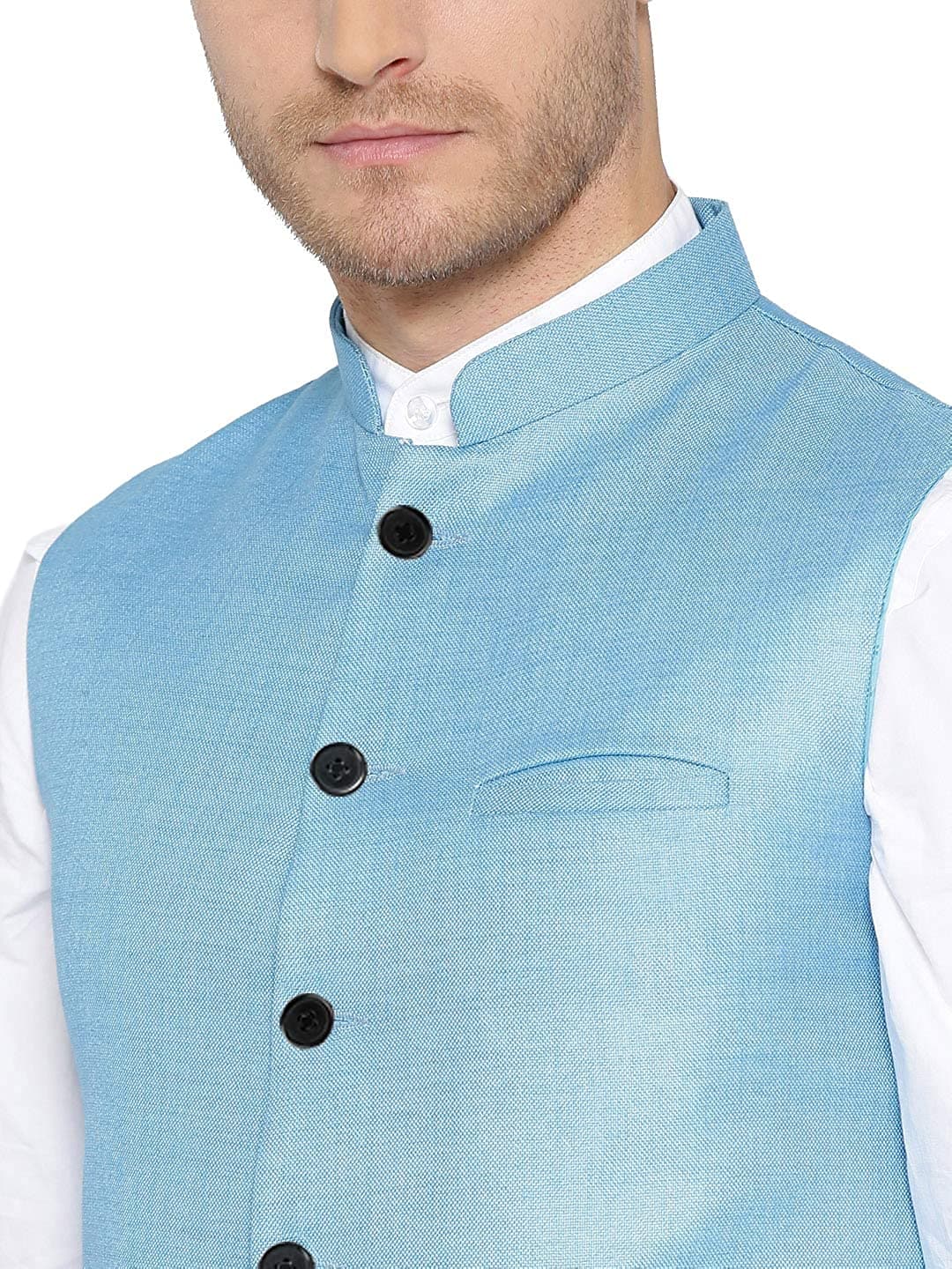 Sky Blue Cotton-Blended Indian Traditional Nehru Jacket Ethnic Waistcoat