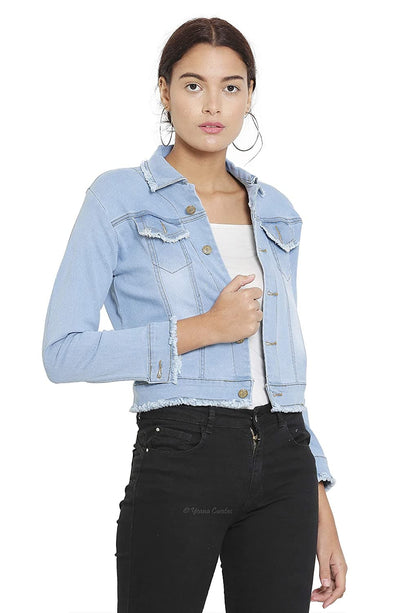 Full Sleeve Front Flap Pockets Slim Fit Cropped Denim Jacket