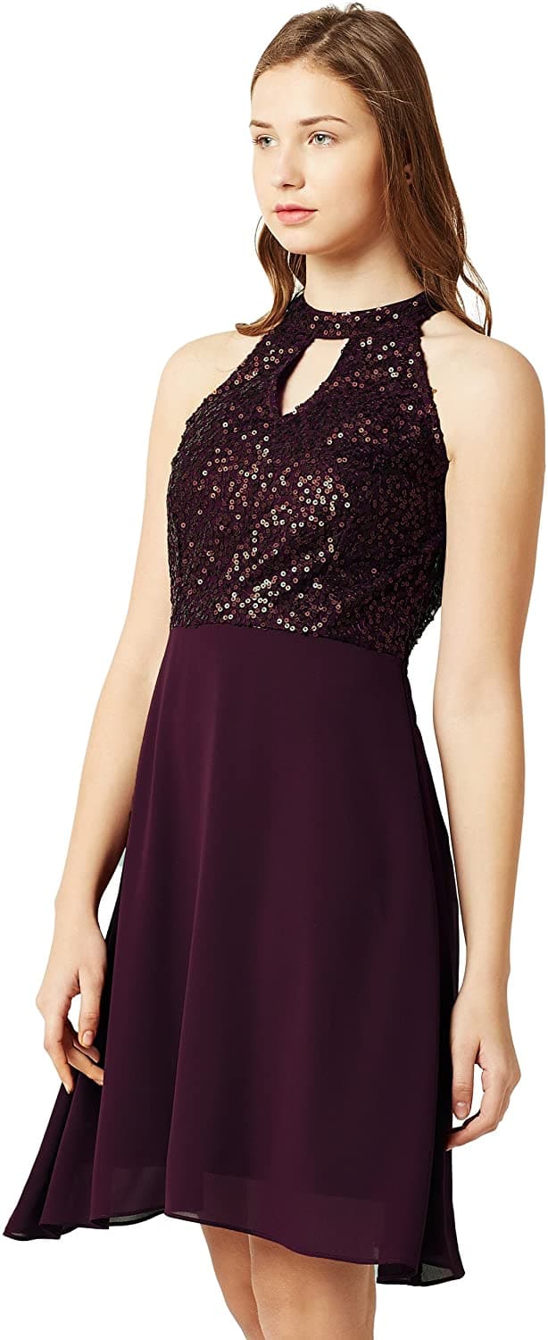 Round Neck Sleeveless Solid Sequin Flowy Knee-Long Georgette Skater Dress