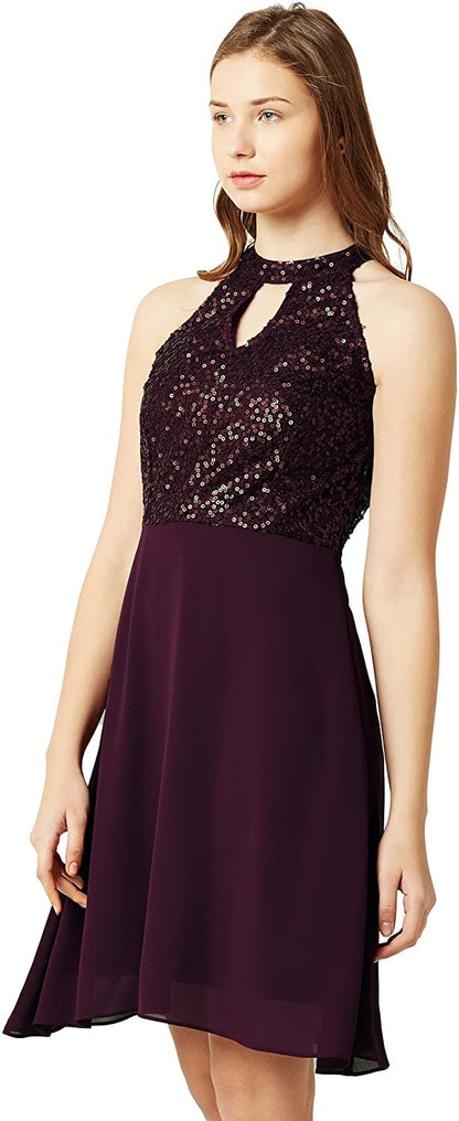 Round Neck Sleeveless Solid Sequin Flowy Knee-Long Georgette Skater Dress