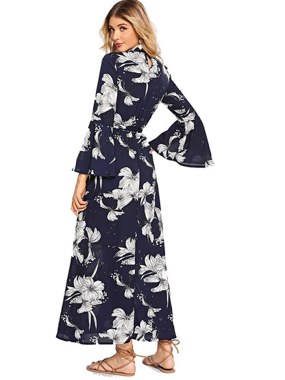 Boho Floral Print Cut Out V-Neck Belted Maxi Dress