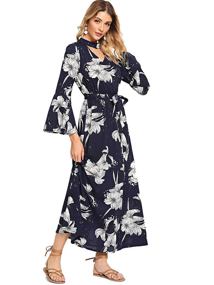 Boho Floral Print Cut Out V-Neck Belted Maxi Dress