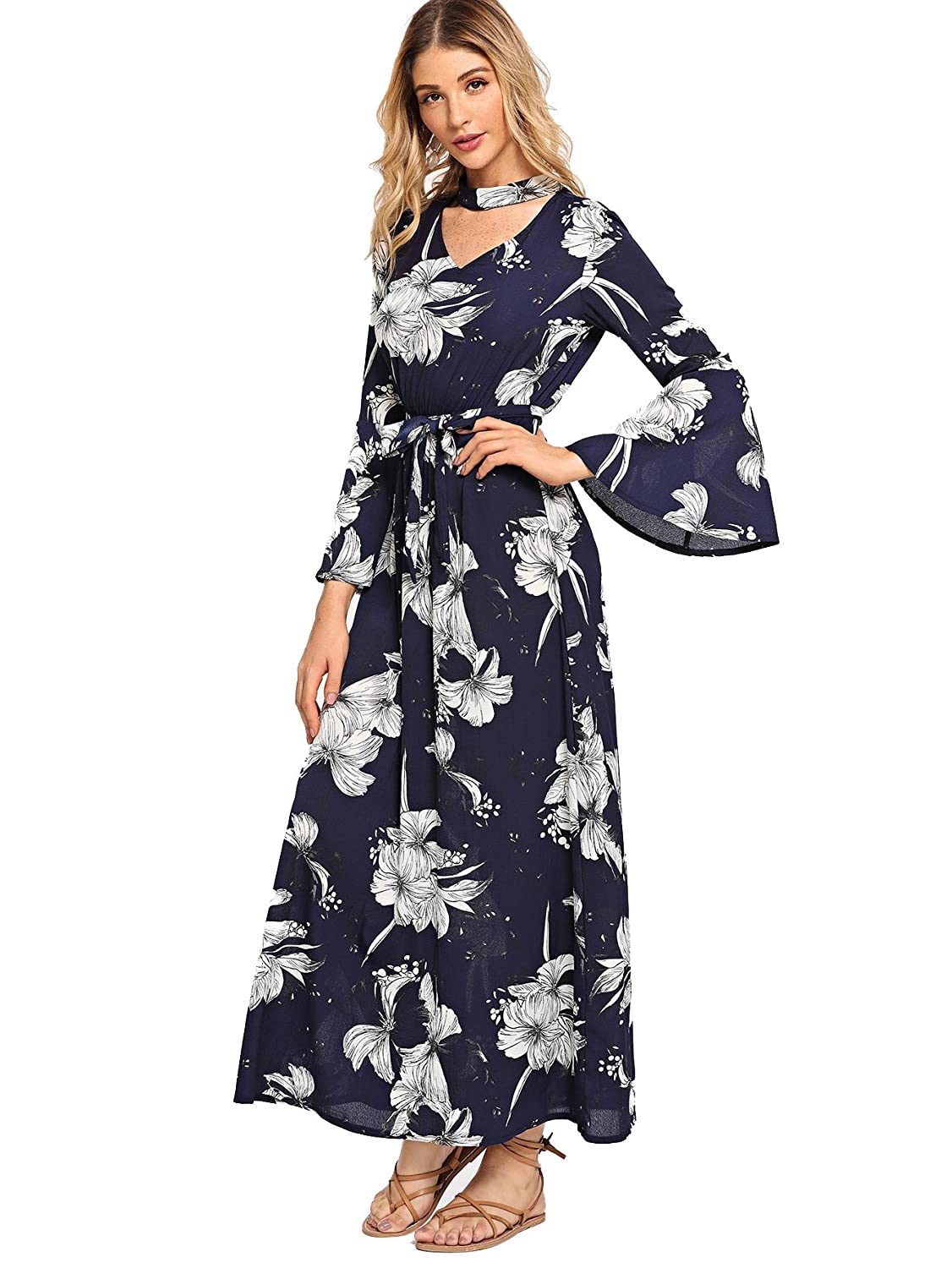 Boho Floral Print Cut Out V-Neck Belted Maxi Dress