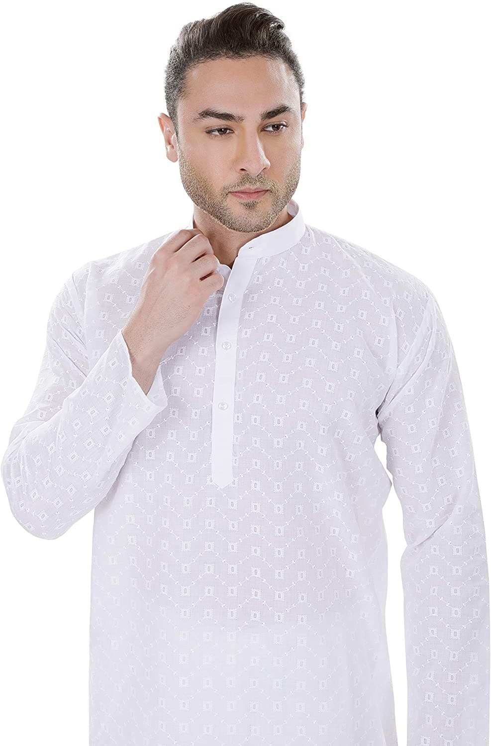 White Mandarin Collar Cotton chikankari Regular Fit Kurta Pyjama Set