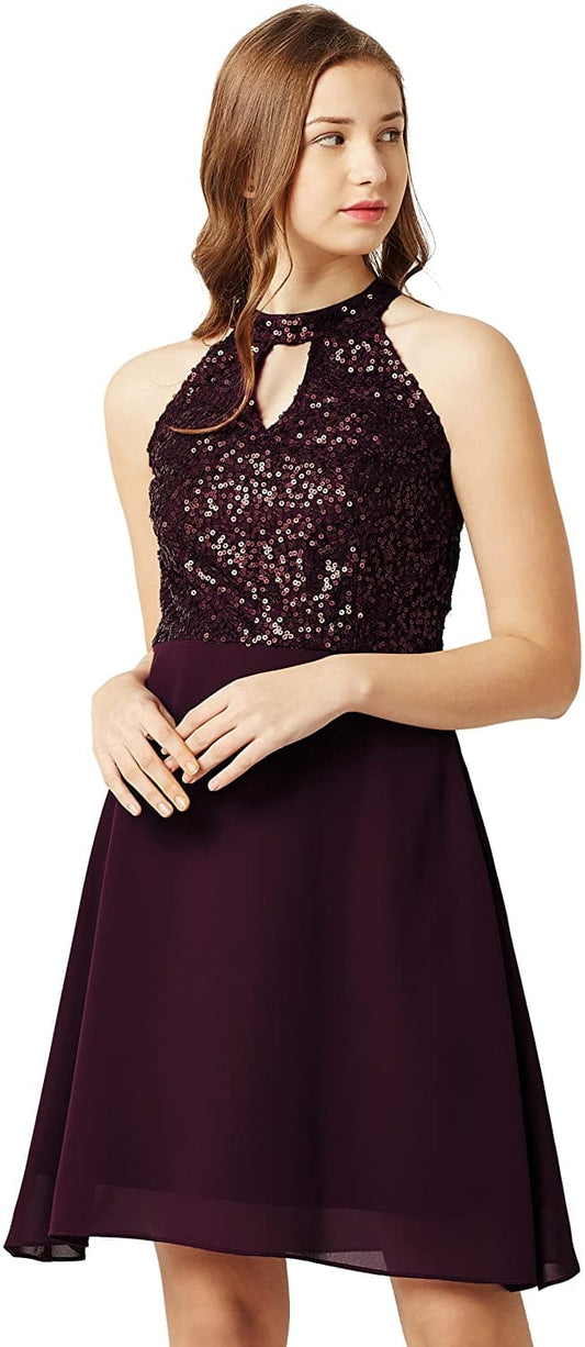 Round Neck Sleeveless Solid Sequin Flowy Knee-Long Georgette Skater Dress