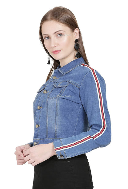 Full Sleeve Front Flap Pockets Slim Fit Cropped Denim Jacket