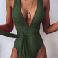 Crisscross Knot Plunging Neck One Piece High Stretch Swimsuit