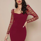 Ruched Sheer Mesh Gigot Sleeve Slim Fit Dress