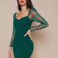 Ruched Sheer Mesh Gigot Sleeve Slim Fit Dress