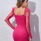Ruched Sheer Mesh Gigot Sleeve Slim Fit Dress