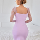 Ruched Sheer Mesh Gigot Sleeve Slim Fit Dress