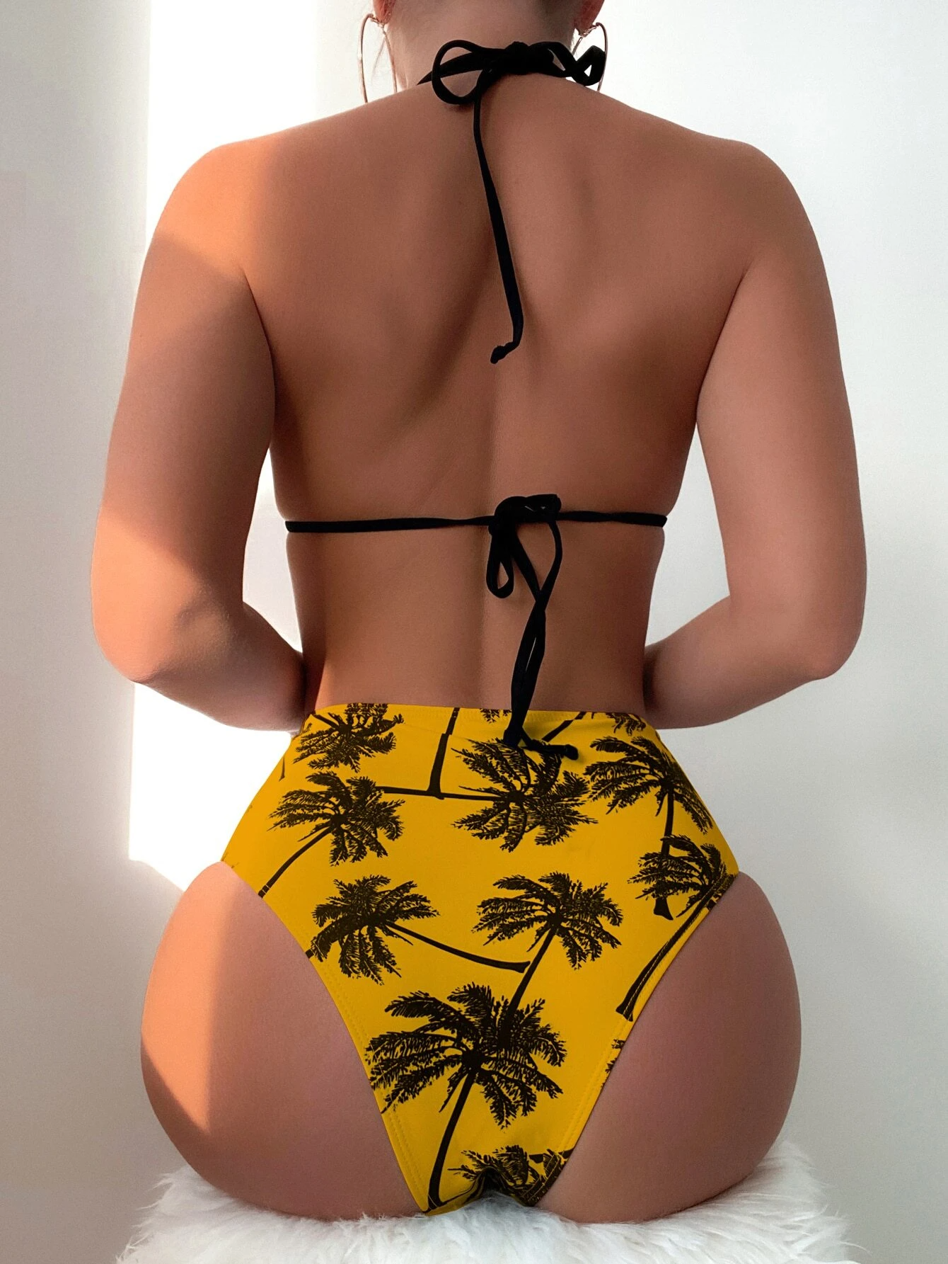 Palm Tree Print Cross High Waist Bikini Swimsuit
