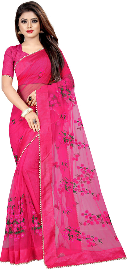 Embroidered Silk Thread Net Saree