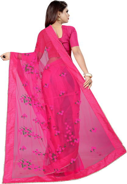 Embroidered Silk Thread Net Saree