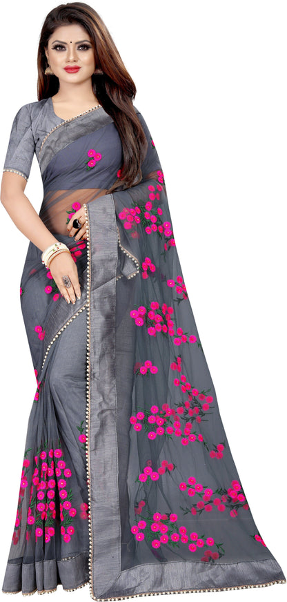 Embroidered Silk Thread Net Saree