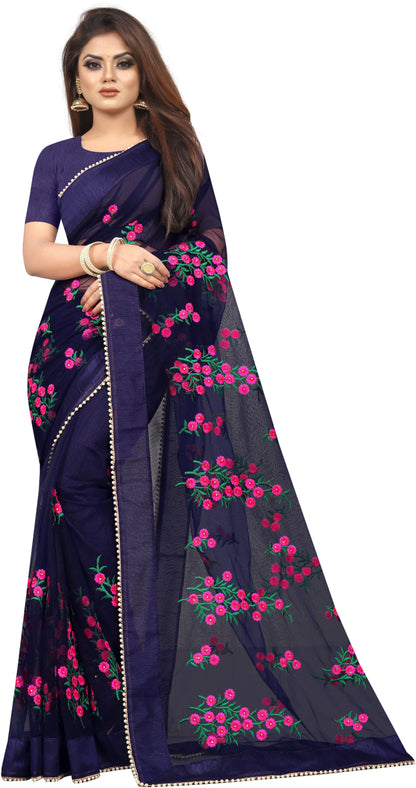 Embroidered Silk Thread Net Saree