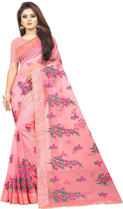 Embroidered Silk Thread Net Saree