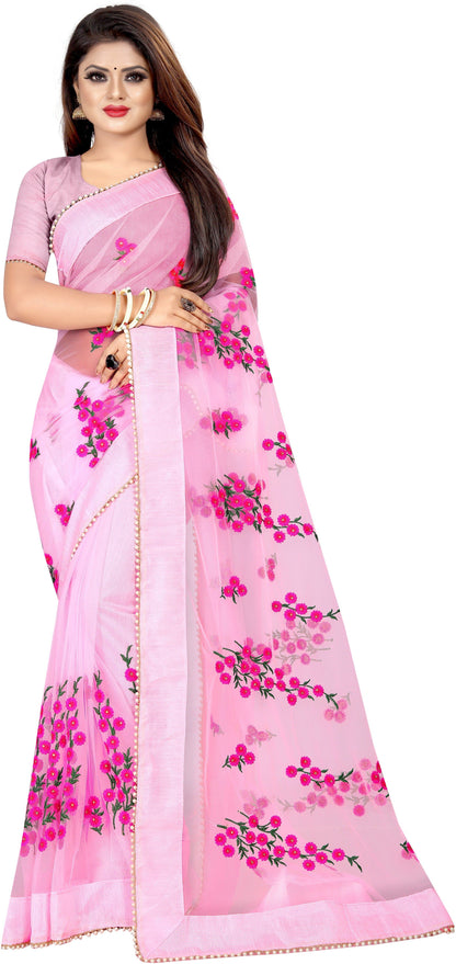 Embroidered Silk Thread Net Saree