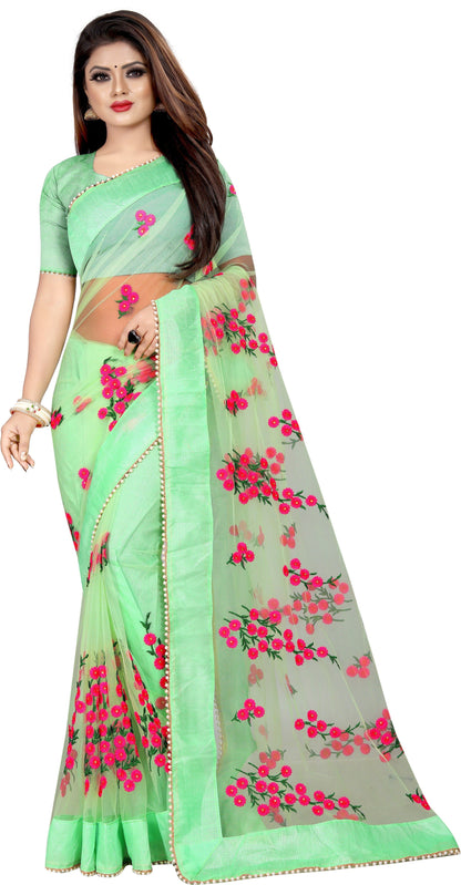 Embroidered Silk Thread Net Saree