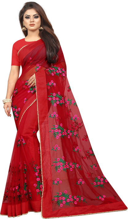 Embroidered Silk Thread Net Saree